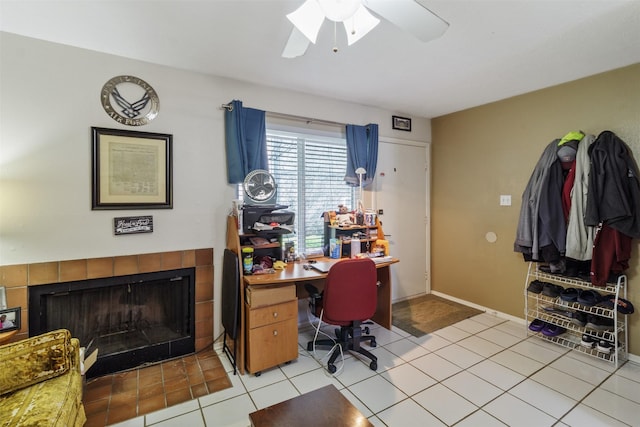 1900 Dartmouth St Unit C2, College Station, TX 77840 - office with a ceiling fan, a tiled fireplace, and tile patterned floors
