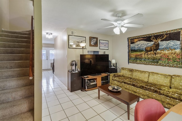 1900 Dartmouth St Unit C2, College Station, TX 77840 - living area with ceiling fan, stairway, light tile patterned flooring, and visible vents