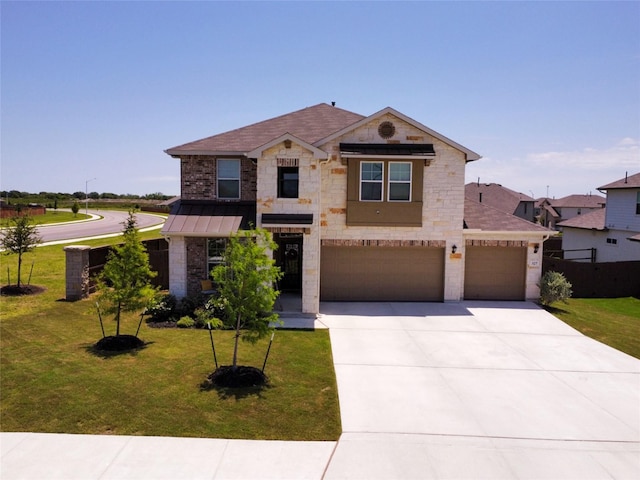 view of front of property featuring concrete driveway, a garage, a front yard, and stone siding