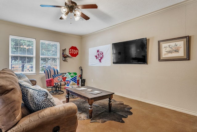 3338 Cullen Trl, College Station, TX 77845 - carpeted living area with a ceiling fan, baseboards, and crown molding