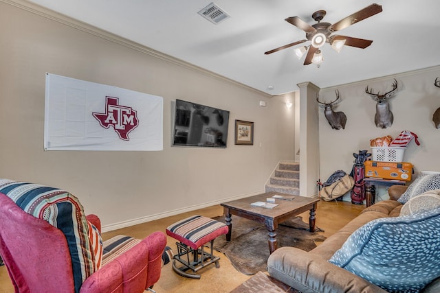 3338 Cullen Trl, College Station, TX 77845 - living room with baseboards, ceiling fan, visible vents, crown molding, and stairway