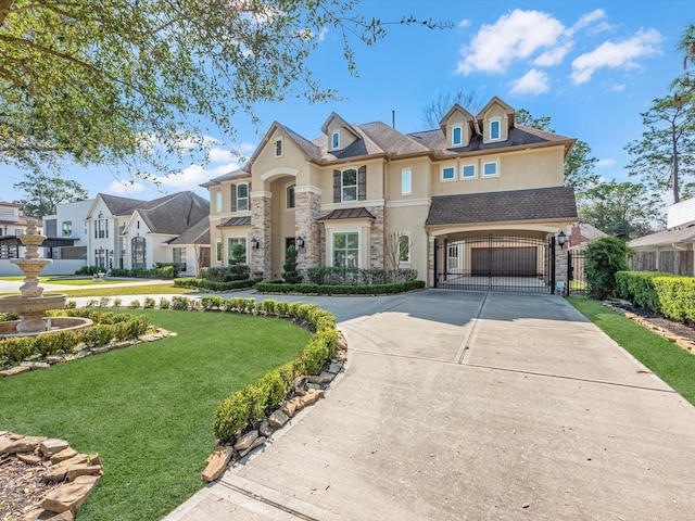 view of front of home with curved driveway, stucco siding, stone siding, and a front yard