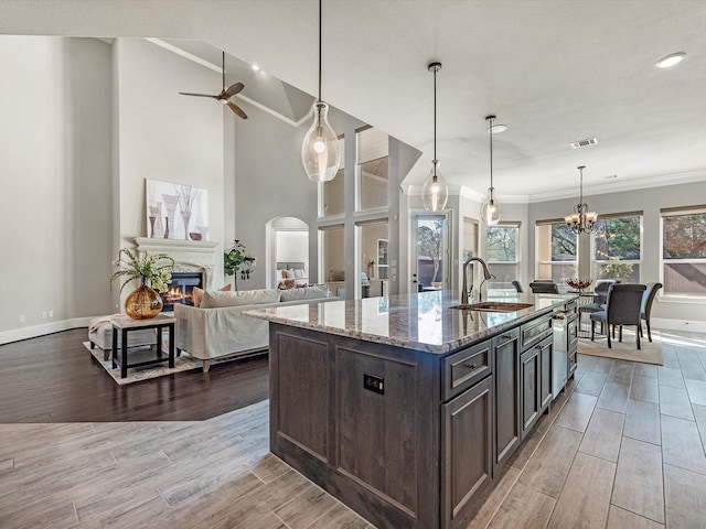 kitchen with a sink, light wood-type flooring, visible vents, a glass covered fireplace, and light stone counters