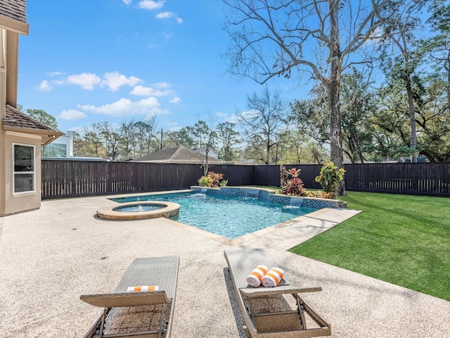 view of swimming pool with a fenced backyard, a patio area, and a lawn