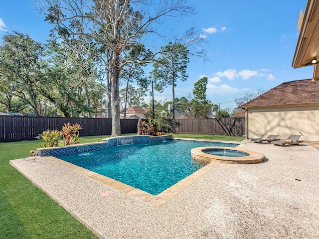 view of swimming pool featuring a yard, an in ground hot tub, a fenced in pool, and a fenced backyard