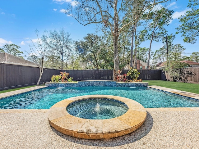 view of pool with a fenced backyard, an in ground hot tub, and a fenced in pool