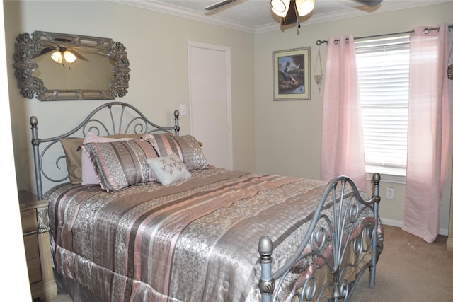 2519 Foxville Dr, Houston, TX 77067 - bedroom with a ceiling fan, ornamental molding, carpet floors, and baseboards