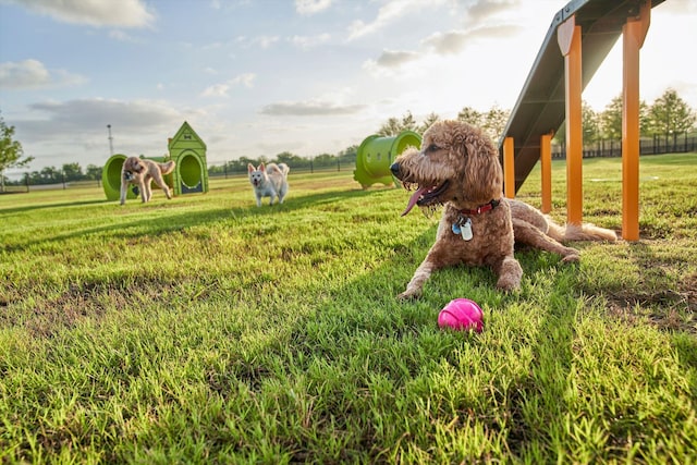 view of playground with a yard and fence