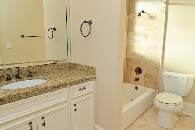 bathroom with toilet, shower / tub combination, vanity, tile patterned flooring, and baseboards