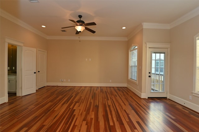 spare room featuring crown molding, recessed lighting, a ceiling fan, and wood finished floors