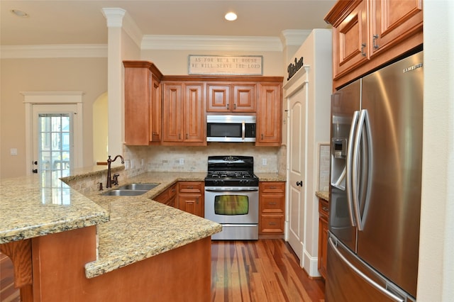 kitchen featuring a sink, a peninsula, stainless steel appliances, and ornamental molding