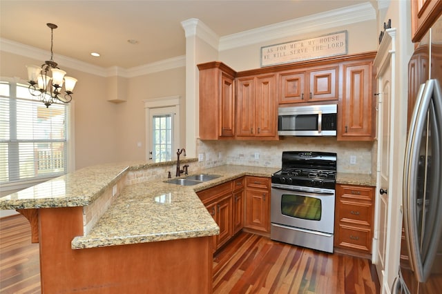 kitchen with a sink, a peninsula, tasteful backsplash, dark wood finished floors, and appliances with stainless steel finishes