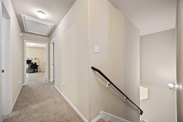 3730 Giorgio Pastel Pl, Katy, TX 77493 - hallway with baseboards, an upstairs landing, attic access, and carpet