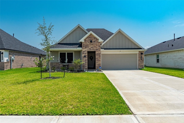 9705 Wall St, Texas City, TX 77591 - craftsman-style house with board and batten siding, driveway, brick siding, an attached garage, and a front yard