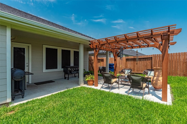 9705 Wall St, Texas City, TX 77591 - view of yard with outdoor lounge area, a patio area, a pergola, and fence