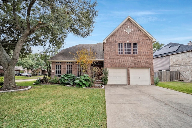 traditional-style house with brick siding, driveway, a garage, and a shingled roof