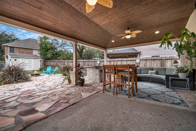 9203 Baber Run Cir, Houston, TX 77095 - view of patio / terrace featuring a fenced backyard, a shed, an outbuilding, ceiling fan, and an outdoor living space