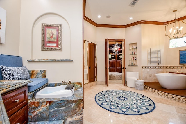 2718 Silverhorn Dr, Katy, TX 77450 - bathroom with a soaking tub, a chandelier, crown molding, a towel warming rack, and tile patterned floors