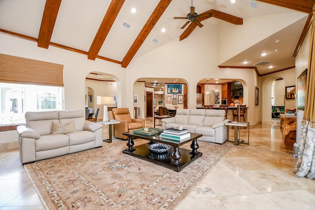 2718 Silverhorn Dr, Katy, TX 77450 - living area featuring arched walkways, ceiling fan, high vaulted ceiling, beam ceiling, and recessed lighting
