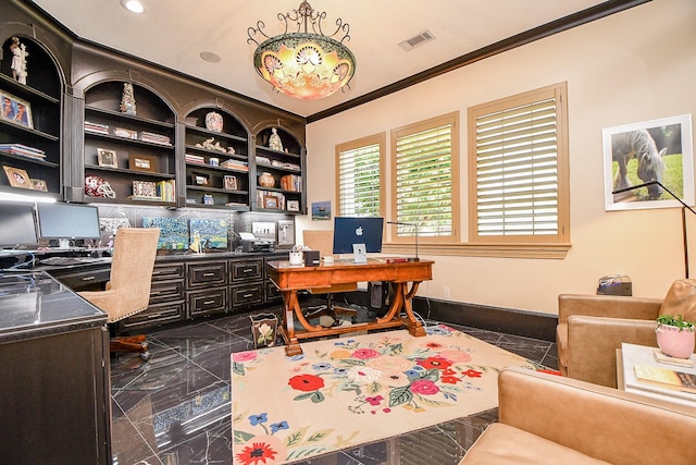 2718 Silverhorn Dr, Katy, TX 77450 - office area featuring ornamental molding, built in study area, and granite floors
