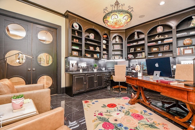 2718 Silverhorn Dr, Katy, TX 77450 - home office featuring crown molding, built in desk, recessed lighting, and built in features