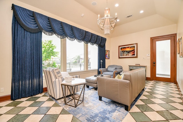 2718 Silverhorn Dr, Katy, TX 77450 - living area with a chandelier, light tile patterned floors, recessed lighting, and lofted ceiling