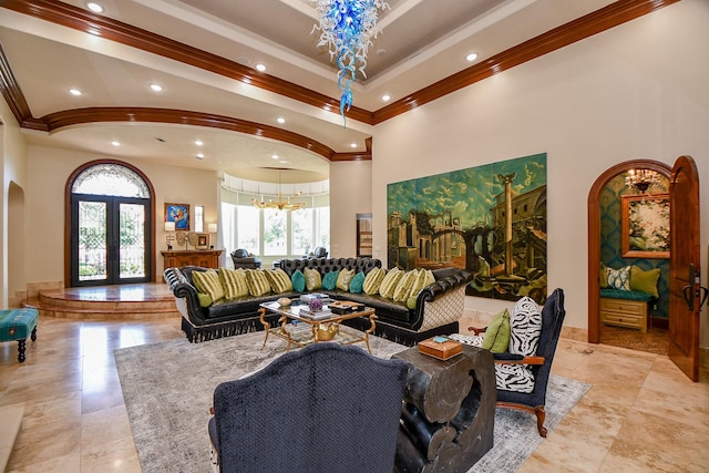 2718 Silverhorn Dr, Katy, TX 77450 - living area with a chandelier, crown molding, recessed lighting, a high ceiling, and french doors