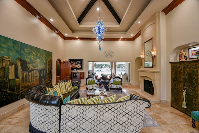 2718 Silverhorn Dr, Katy, TX 77450 - living room with a towering ceiling, a high end fireplace, ornamental molding, and recessed lighting