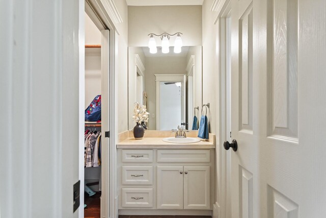bathroom with vanity and a walk in closet