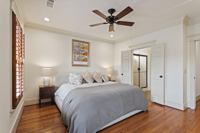bedroom with wood finished floors, ornamental molding, baseboards, recessed lighting, and ceiling fan