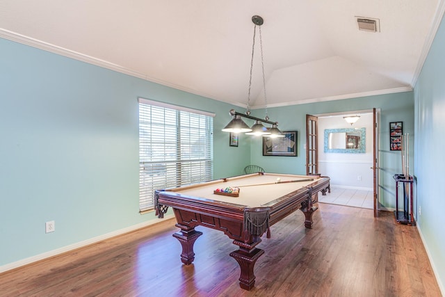 410 Scarlet Sage Dr, League City, TX 77573 - playroom featuring pool table, wood finished floors, ornamental molding, and vaulted ceiling