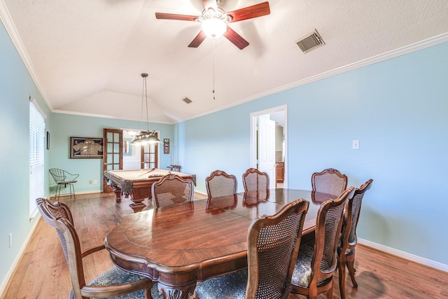 410 Scarlet Sage Dr, League City, TX 77573 - dining room featuring wood finished floors, vaulted ceiling, pool table, a ceiling fan, and crown molding