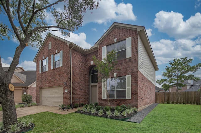 traditional home featuring a garage, brick siding, and concrete driveway