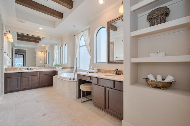 bathroom featuring a sink, ornamental molding, a bath, and visible vents