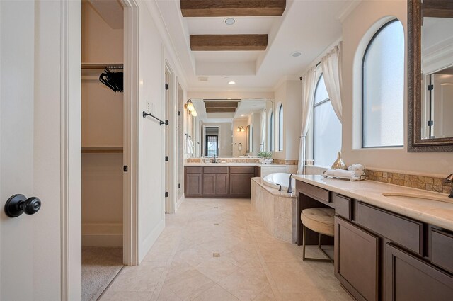 bathroom with a garden tub, a sink, two vanities, a raised ceiling, and a spacious closet