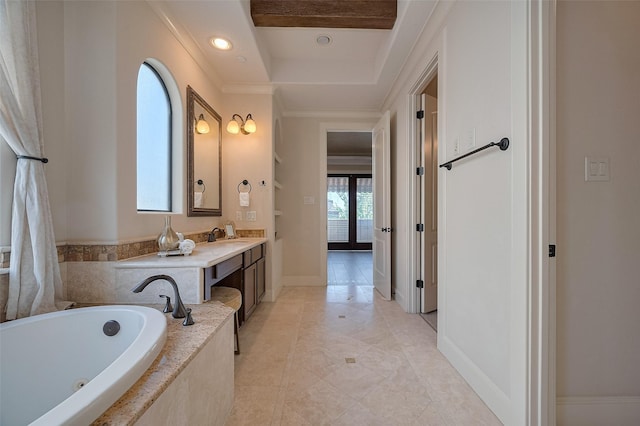 bathroom featuring recessed lighting, a whirlpool tub, baseboards, vanity, and crown molding