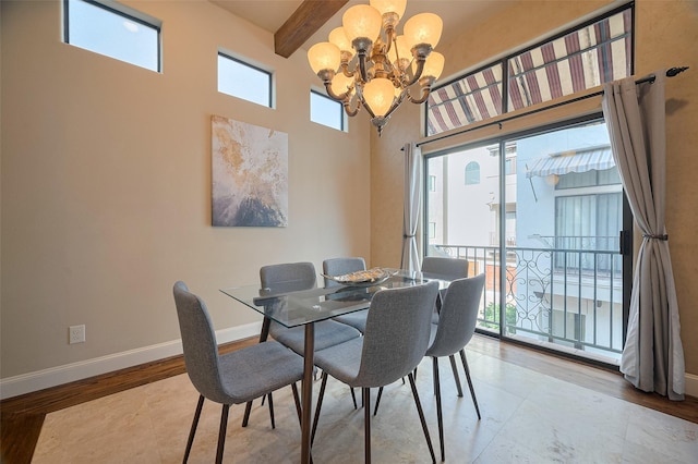 dining area with baseboards, beamed ceiling, a chandelier, and wood finished floors