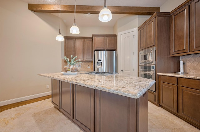 kitchen featuring light stone countertops, baseboards, backsplash, beamed ceiling, and appliances with stainless steel finishes
