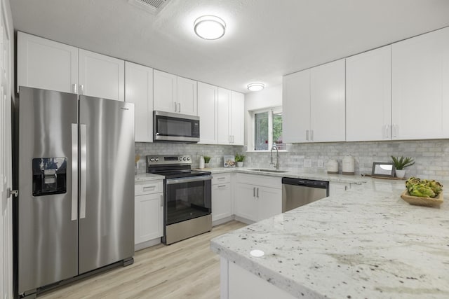 1819 Redwood Ct, Sugar Land, TX 77498 - kitchen featuring light stone counters, light wood finished floors, a sink, backsplash, and appliances with stainless steel finishes