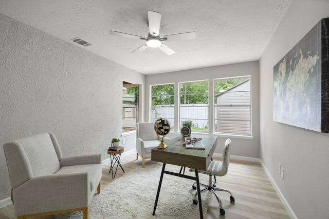 1819 Redwood Ct, Sugar Land, TX 77498 - office area with a textured ceiling, visible vents, light wood-style flooring, and a textured wall