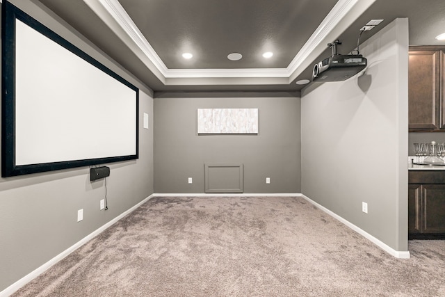 16202 Coyote Run Ln, Cypress, TX 77433 - home theater room with crown molding, a tray ceiling, carpet, and recessed lighting