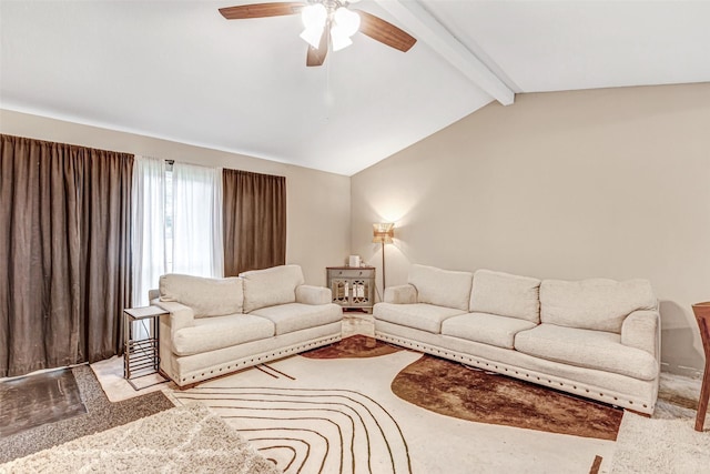 living room featuring carpet flooring, lofted ceiling with beams, and ceiling fan