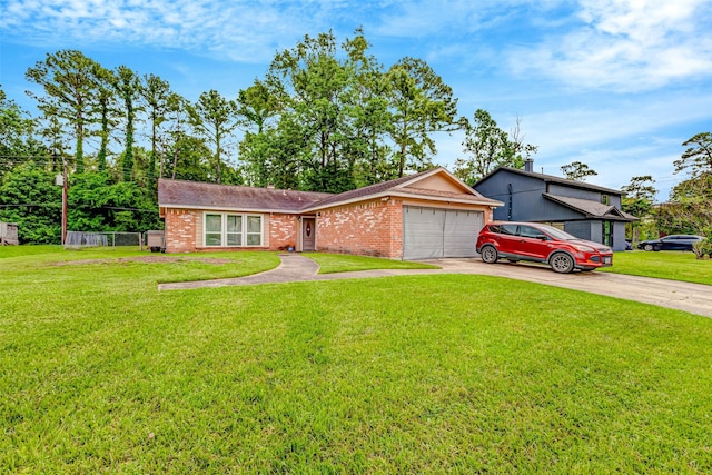 single story home with fence, an attached garage, brick siding, driveway, and a front lawn