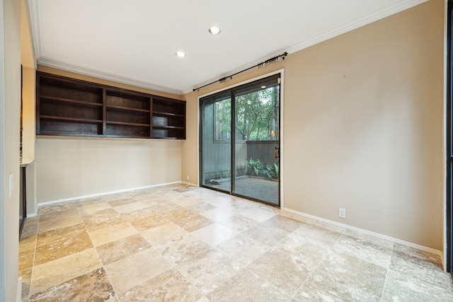 179 Litchfield Ln, Houston, TX 77024 - empty room with crown molding, baseboards, light stone finish flooring, and recessed lighting