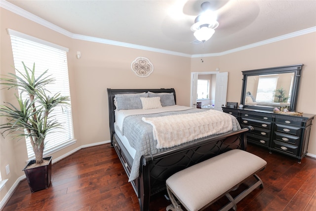 3519 Maverly Crest Ct, Katy, TX 77494 - bedroom featuring crown molding, dark wood finished floors, baseboards, and a ceiling fan