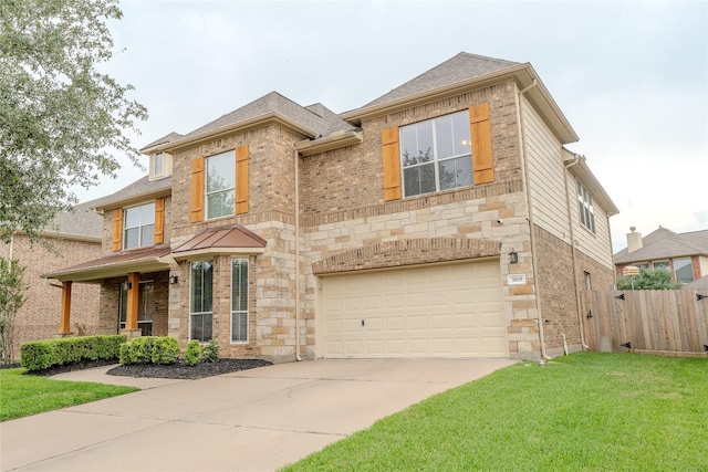 3519 Maverly Crest Ct, Katy, TX 77494 - view of front of house featuring a garage, concrete driveway, brick siding, and stone siding