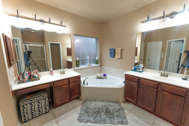 3519 Maverly Crest Ct, Katy, TX 77494 - bathroom featuring a shower stall, a tub with jets, tile patterned flooring, and two vanities