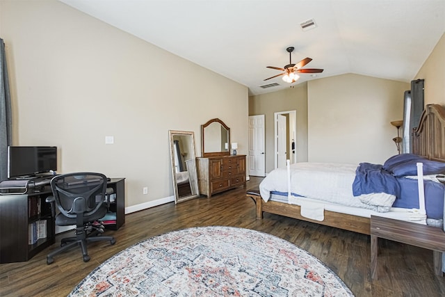 bedroom featuring wood finished floors, visible vents, vaulted ceiling, ceiling fan, and baseboards