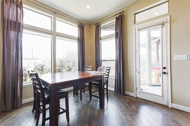 dining space featuring baseboards and dark wood-style floors