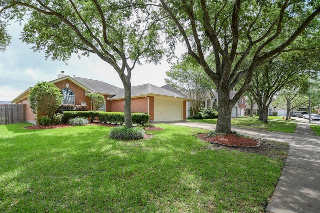 ranch-style house with concrete driveway, brick siding, and a garage